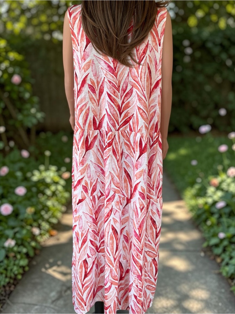 D&Co Beach Linen Blend Tiered Midi Dress 2X Tropical Leaf Print Pockets - Picture 6 of 7
